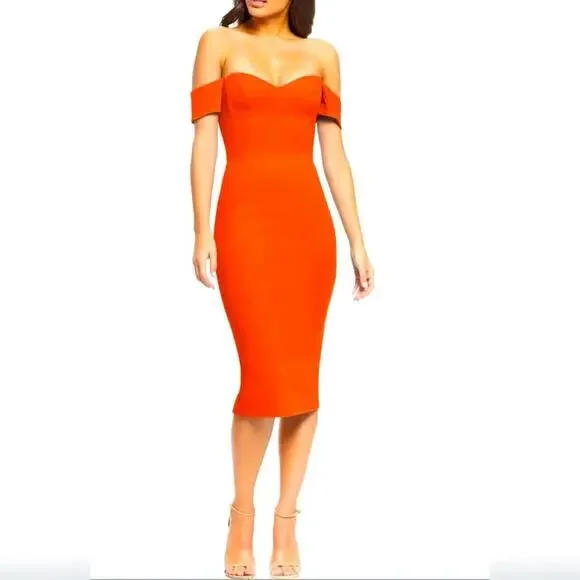 NWT Dress the population Bailey off the shoulder midi medium poppy - Picture 1 of 6